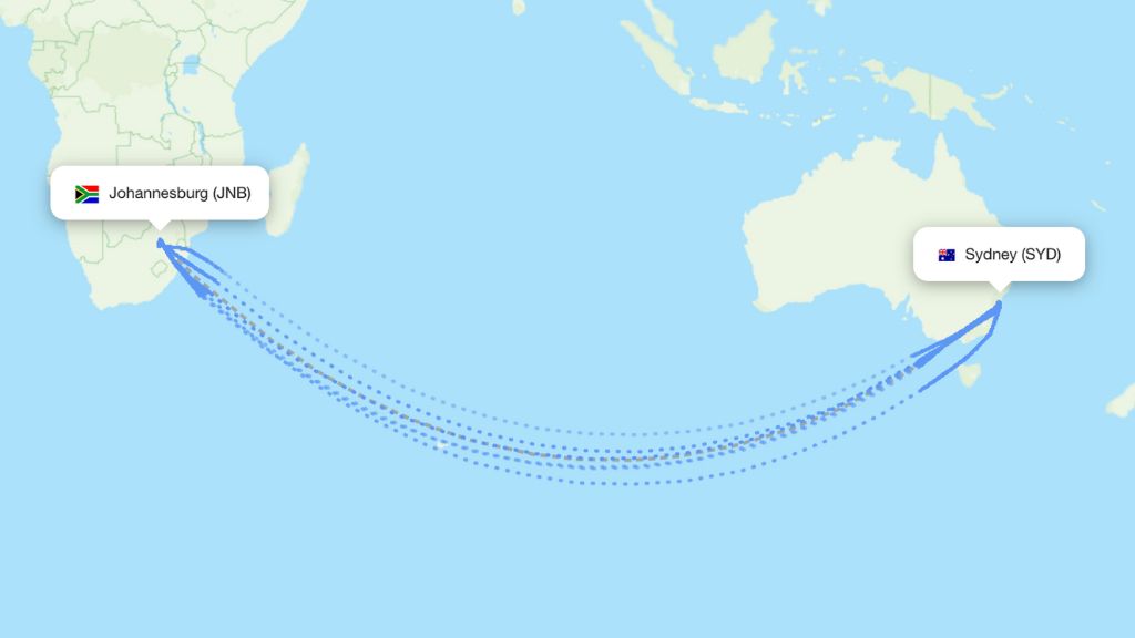 south pole route johannesburg sydney